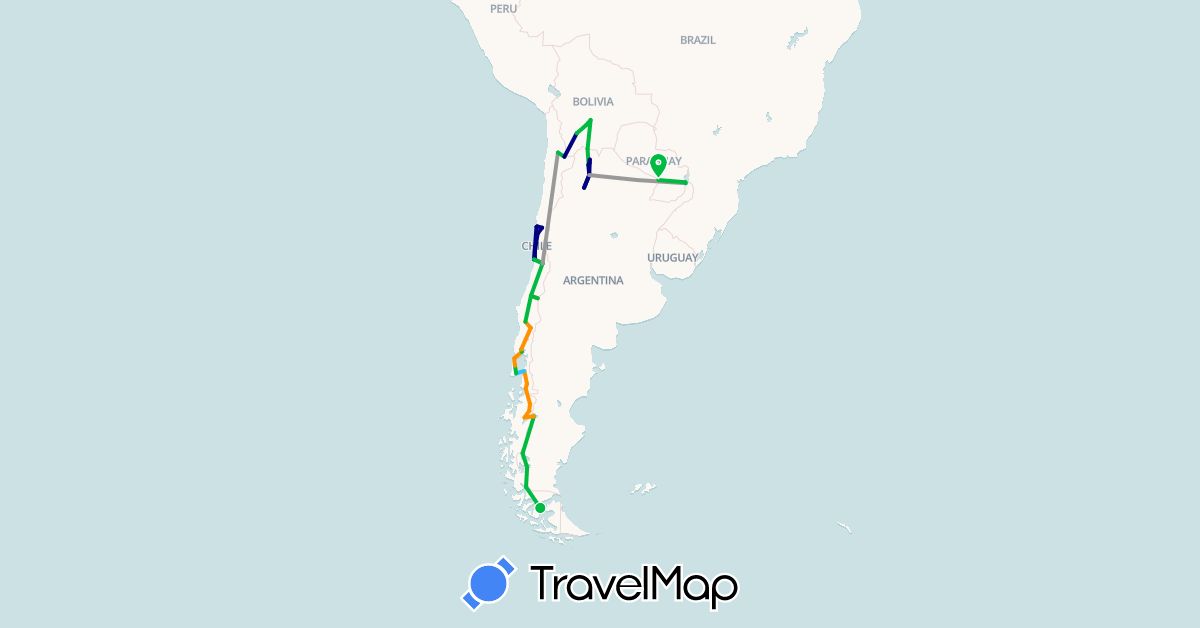 TravelMap itinerary: driving, bus, plane, hiking, boat, hitchhiking in Argentina, Bolivia, Chile, Paraguay (South America)